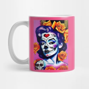 Retro sugar skull girl with orange roses Mug